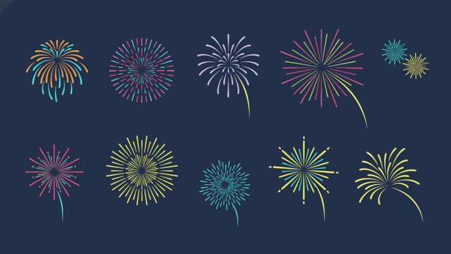 Collection of colorful firework bursts on dark background