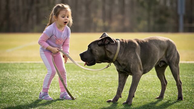 Happy little girl cuddling and running with her best friend, a large cane corso dog, across a green grass field in a sunny park, demonstrating a beautiful bond between a child and her pet