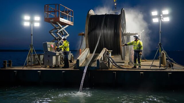 Two engineers working on a floating barge at night, laying a heavy submarine power cable from a large spool into the water using industrial machinery under bright spotlights for an energy project