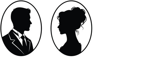 vintage male and female silhouette portraits illustration, elegant profile avatars in oval frames, classic cameo style people icons isolated vector © Sadaqul