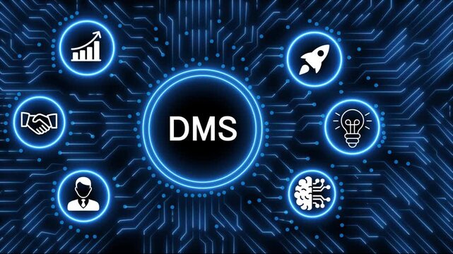 Digital technology concept with glowing neon circuit board radiating from a central processor displaying the word DMS surrounded by business.4k animation 