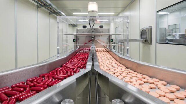 Automated conveyor belt system sorting and moving red capsules and round tablets in a modern, sterile pharmaceutical factory for drug manufacturing and healthcare supplement production
