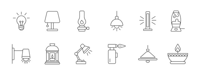Lighting set icon. Collection with bulb, table, oil, pendant light, floor, lava lamp, wall sconce, lantern, desk, gas torch, ceiling light, candle bowl.