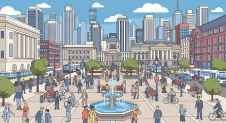 Bustling City Square with People, Fountain, and Architecture © Leo