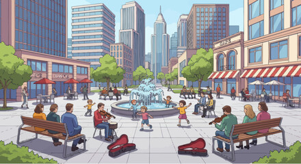 People enjoying a sunny day in a vibrant city plaza with street musicians and fountain © Leo