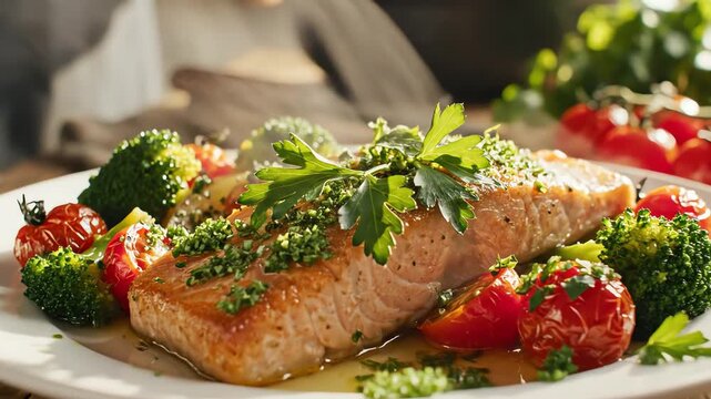 Prepared salmon dish with vegetables on a white plate close up