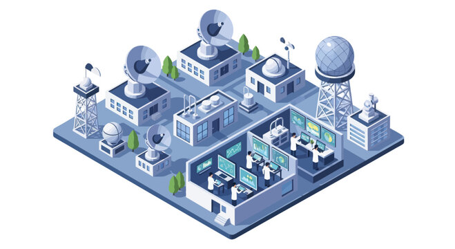 Isometric satellite ground station with radar dishes and control center