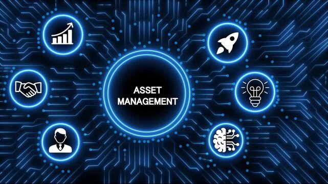 Digital technology concept with glowing neon circuit board radiating from a central processor displaying the word asset management surrounded by business.4k animation 