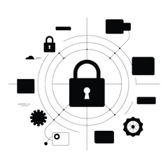 Obraz premium Abstract padlock icon with data charts and gear, signifying digital security and analytics