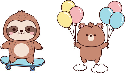Fototapeta premium Cute cartoon sloth skateboarding and bear holding colorful balloons vector illustration set for kids nursery design and playful characters