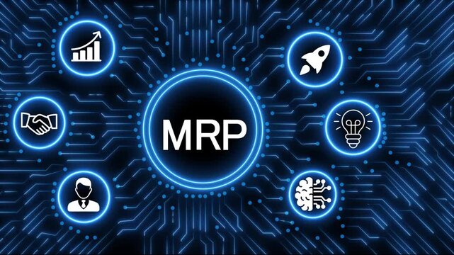 Digital technology concept with glowing neon circuit board radiating from a central processor displaying the word MRP surrounded by business.4k animation 