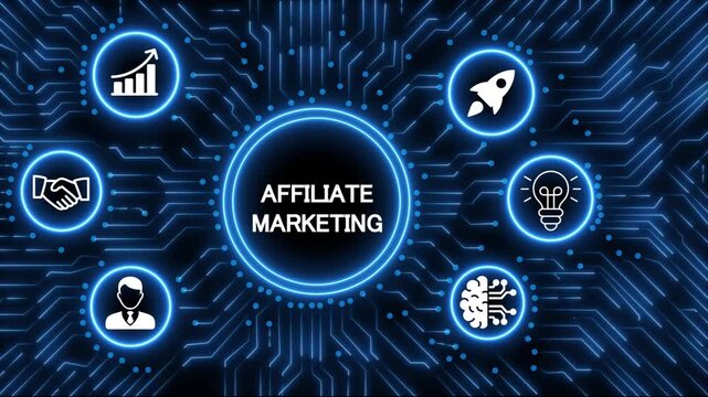 Digital technology concept with glowing neon circuit board radiating from a central processor displaying the word affiliate marketing surrounded by business.4k animation 