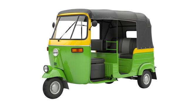 Vibrant Green and Yellow Auto Rickshaw, isolated on white or transparent background. PNG