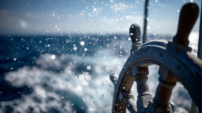 Wooden ship steering wheel on sailing boat with ocean waves in background for navigation concepts, maritime business branding and travel advertising	
