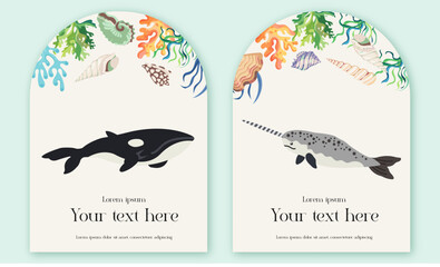 Ocean wildlife poster template with orca and narwhal marine animals decorative arch frame © Veronika
