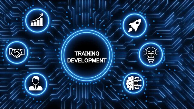 Digital technology concept with glowing neon circuit board radiating from a central processor displaying the word training development surrounded by business.4k animation 