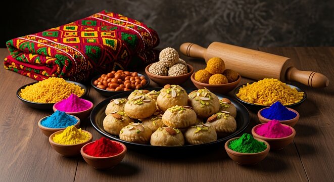 Indian Mithai Gujia Also Called Gujiya, Pirukiya, Pirukia, Pedakiya, Karanji, Basundi Gughra Made Of Suji Ghee Stuffed With Mawa Khoya Chasni Mava And Khoa With Holi Pagadi, Safa Pichkari Gulal Abeer