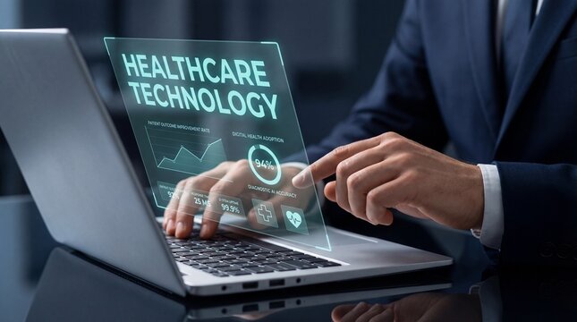 A person is working on a laptop in a corporate office. The screen shows healthcare technology with data and metrics related to patient care and diagnostics