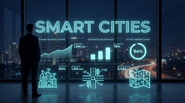 A person stands by a large window in an office looking at digital displays showing data on smart cities. The graphs highlight energy use, infrastructure adoption, and connectivity