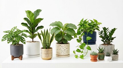 Obraz premium A diverse collection of potted houseplants featuring various green foliage and modern ceramic pots arranged on a white shelf for home decor