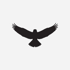 Obraz premium An artistic black vector illustration of a wild eagle silhouette in flight with open wings and feathers, designed as a minimalist nature icon or tattoo symbol on a white background