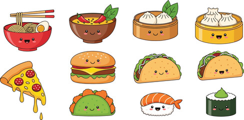 Cute kawaii fast food and Asian cuisine characters vector set with sushi, ramen, dumplings, burger, pizza and tacos © MdAbuSayed