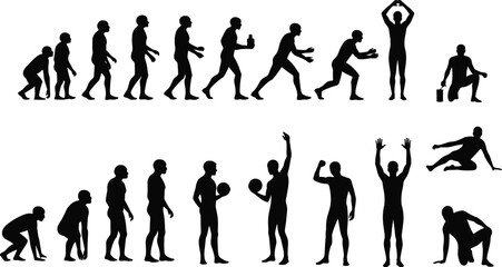 Fototapeta premium Human evolution to athlete sports activity silhouette set showing walking running training fitness basketball player vector illustration collection