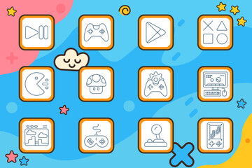 Gaming entertainment set icon. Play pause button, game controller, triangle logo, geometric shapes, arcade character, mushroom, gear joystick, desktop console, handheld device. © Кирилл Макаров