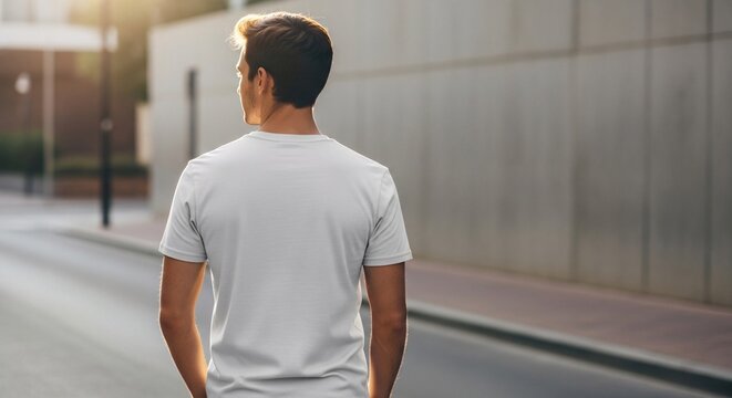 Back view of man wearing blank white t-shirt mockup walking on city street