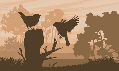 Two Titmouse Birds Silhouettes in Forest Landscape at Sunset, Chickadees on Tree Stump in Wild Nature Habitat, Garden Wildlife Vector Illustration © AnnstasAg