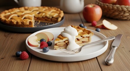 A delicious slice of homemade apple pie, topped with whipped cream, served on a white plate with fresh apple slices and berries, on a rustic wooden table.