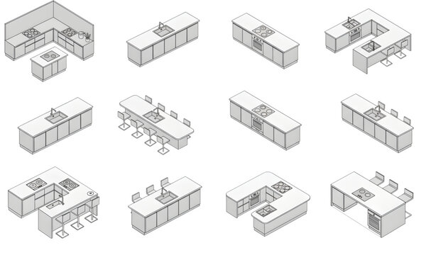 Modern Isometric Kitchen Island and Cabinet Layout Diagrams - Minimalist Line Art Vector Collection for Interior Design Planning