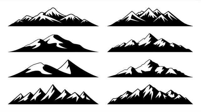 Collection of eight stylized black and white mountain range silhouettes with sharp peaks and jagged edges