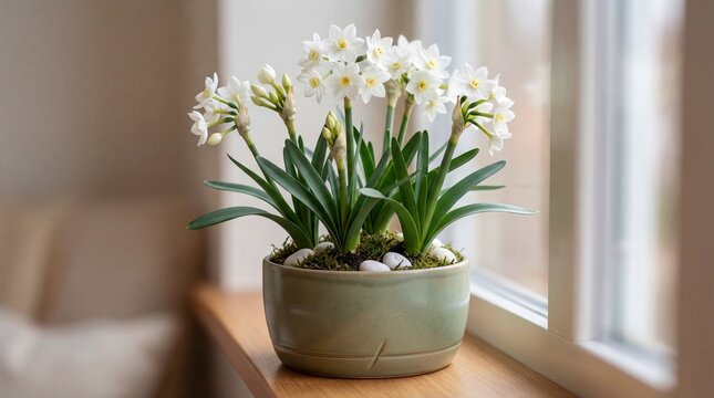 Fresh spring white narcissus paperwhite flowers in a green ceramic pot on a wooden windowsill representing seasonal renewal and interior home decor [with copy space]

