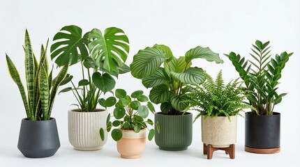 Fototapeta premium Collection of healthy houseplants in modern pots a variety of green foliage for home decor and interior design isolated on a white background