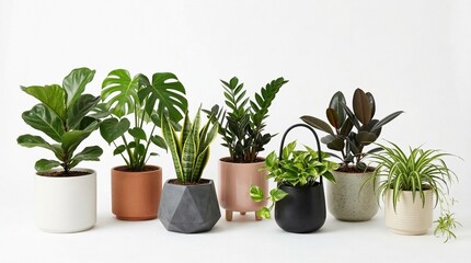 Fototapeta premium Collection of various potted houseplants including fiddle leaf fig monstera snake plant and ZZ plant arranged in stylish pots on a white background