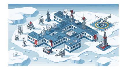 Arctic Research Station with Communication Towers and Vehicles, Isometric View © Maryati