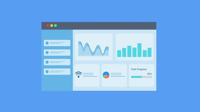 Animated flat dashboard interface displaying charts, graphs, and data panels inside a browser window. Concept of data analytics, business reporting, statistics monitoring, and digital technology visua