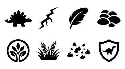 A collection of eight black dinosaur icons on a white background, featuring various prehistoric symbols and elements, suitable for use in educational materials, presentations, or website design. © Md