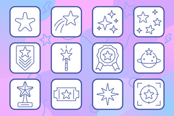 Fototapeta premium Hunting set icon. Hunter, duck, deer, tent, forest, bear, rabbit, backpack, fox, vest, rifle, camera, fire, compass, knife, boar, dog, wildlife, tracking, outdoor