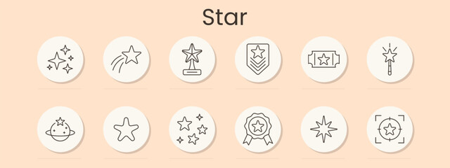 Star set icon. Sparkles, shooting star, trophy, rank badge, ticket, magic wand, planet ring, shape, rating cluster, award medal, burst, favorite mark, celebration symbol © Кирилл Макаров