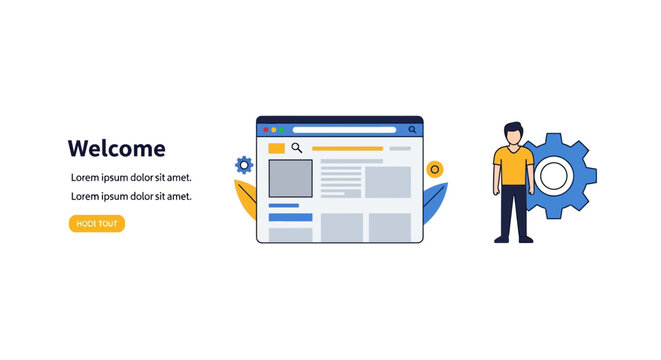 Modern flat design concept illustration showcasing website development, user interface setup, and system configuration with a browser and a person