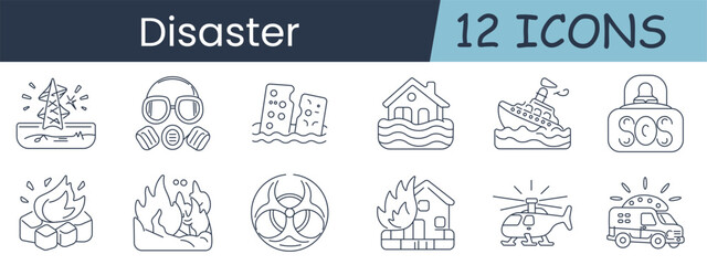 Fototapeta premium Disaster set icon. Lightning, mask, flood, house, shipwreck, sos, fire, biohazard, explosion, helicopter, ambulance, emergency, rescue, hazard, crisis, accident