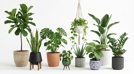 Fototapeta premium A diverse collection of indoor houseplants in various modern pots isolated on a white background for home decor and interior design concepts