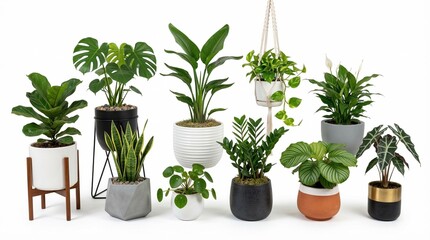 Obraz premium A diverse collection of popular houseplants in various modern pots perfect for interior design home decor and green living concepts isolated on white