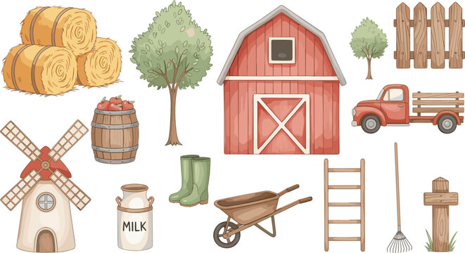 Farm and agriculture elements vector set with barn, hay bales, windmill, truck, tools, milk can, trees and rural countryside objects