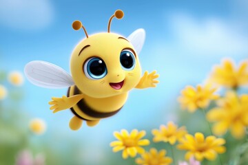 Fototapeta premium Cartoon bee character with large eyes and smiling expression flying above vibrant yellow flowers in a colorful garden setting under a bright blue sky