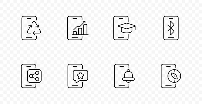 Mobile application set icon. Recycle, growth chart, graduation cap, bluetooth, share, favorite, bell, compass, smartphone, interface, navigation, productivity, notification