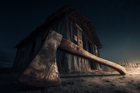 A large axe leans against a dilapidated wooden house under a dark sky&mdash;eerie and foreboding. The scene evokes mystery, abandonment, and quiet tension.