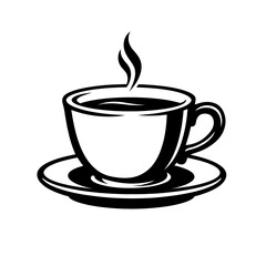 Fototapeta premium Crisp black and white vector art of a steaming hot coffee cup on a saucer. Ideal for cafe branding, coffee shop logos, web icons, digital menus, and beverage marketing. This minimalist graphic embodie